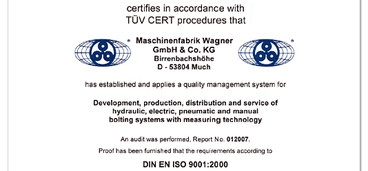 ISO9001:2000証明書/油圧レンチ