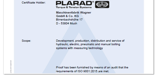 ISO9001証明書 油圧トルクレンチメーカー PLARAD